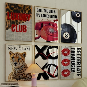 Gallery Girly Prints Set of 6 Red Vintage Prints XOXO black and Red print Leopard Cheetah Trendy Wall Art Gallery Preppy Chic Luxury print