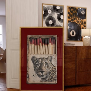 Retro dark red digital poster, matchbox poster, Red poster Leopard prints, roar print, Retro wall decor, Femme fatale poster, Bar cart art