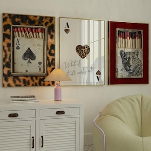 Set of 3 Posters, Red Poster, Leopard wall art, Red Fashion Wall Art, Ace of hearts poster, Leopard Matchbox bedroom wall decor girly prints