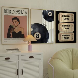 Set of 3 Retro Pink Fashion Posters | Digital Cocktail & Billiard Ball Prints for Stylish Girly Decor