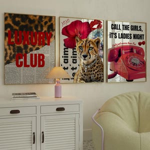 Set of 3 posters, Red posters, Leopard wall art set, Red Fashion Wall Art, bedroom wall decor, trendy leopard print cheetah Luxury poster