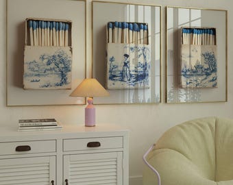 Set of 3 Matchbox Digital Poster with Blue Chinoiserie Print Millennial Granddaughter Toile Chinoiserie Poster Western Decor Trendy print