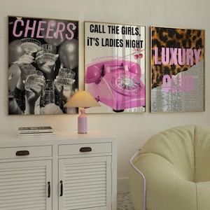 Set of 3 posters, Pink Poster, Leopard wall art, Cheers print Pink Telephone poster black and pink print Cheetah Trendy Preppy girly prints