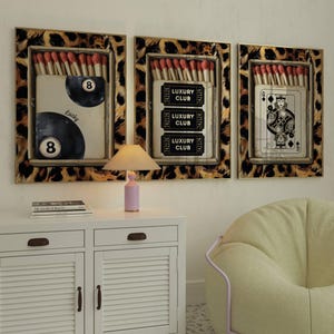 Set of 3 posters, Black Poster, Retro Leopard Matchbox Printable Wall Art, queen of hearts playing card funky wall art, billiard ball poster