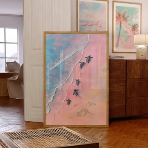Whimsical Painting of Turtles on the Beach in Soft Pink Tones Coastal Art Decor Sea Turtles Swimming Poster Tropical Animal Art Print