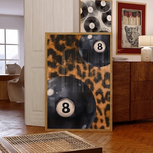 Retro Leopard Wand Kunst Schwarz Pool Ball Wand Kunst Trendy Leopard Print Ästhetische Dekor Glück Poster Schwarz Funky Art Retro Geparden