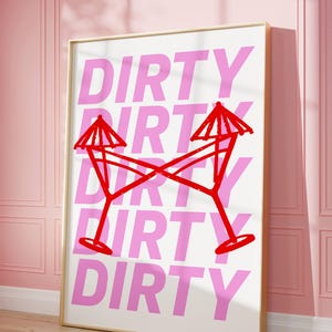 Dirty Martini print, Martini poster, Pink print, Red poster, Cocktail Retro Poster Alcohol Poster Bar Cart Prints, Trendy Kitchen Wall