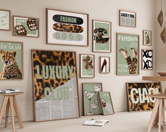 Juego de 20 láminas con estampado de leopardo y guepardo en verde salvia / Arte mural de moda (descarga digital)