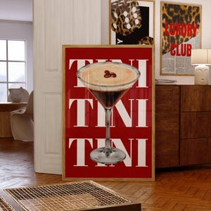 Arte de martini espresso, póster rojo, póster de cócteles, arte de carrito de bar, decoración de apartamentos, decoración de cocinas, arte de pared retro, impresión de martini, arte de pared de bar