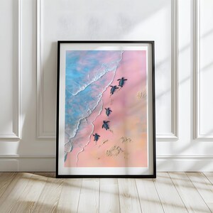 Whimsical Painting of Turtles on the Beach in Soft Pink Tones Coastal Art Decor Sea Turtles Swimming Poster Tropical Animal Art Print