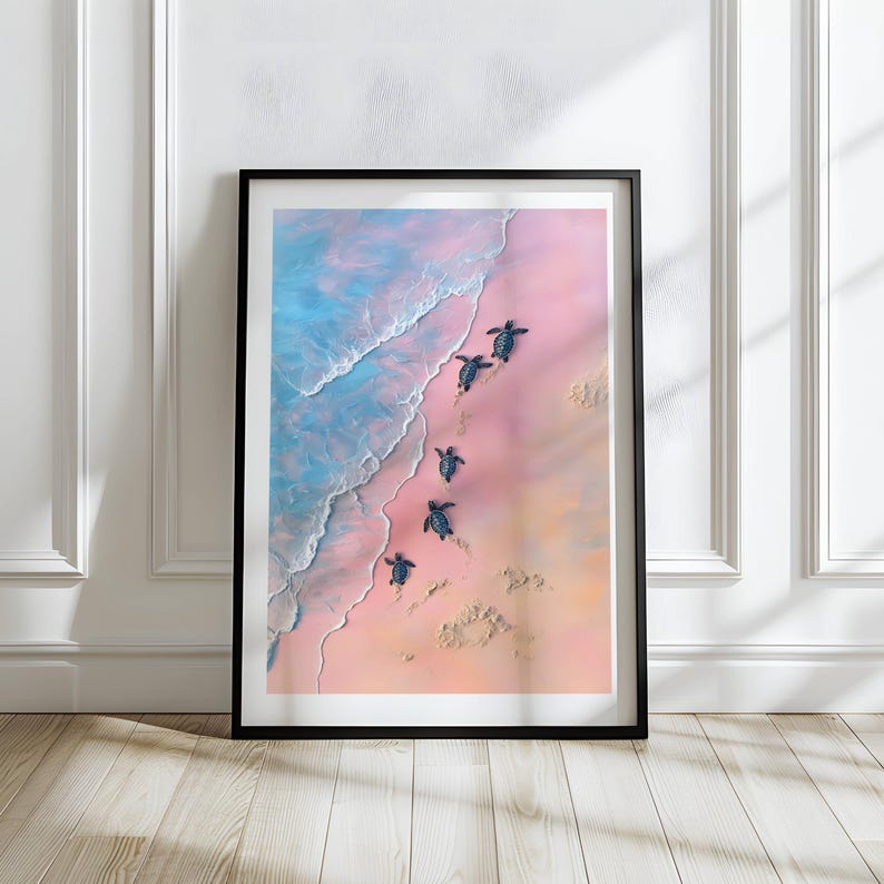 Whimsical Painting of Turtles on the Beach in Soft Pink Tones Coastal Art Decor Sea Turtles Swimming Poster Tropical Animal Art Print