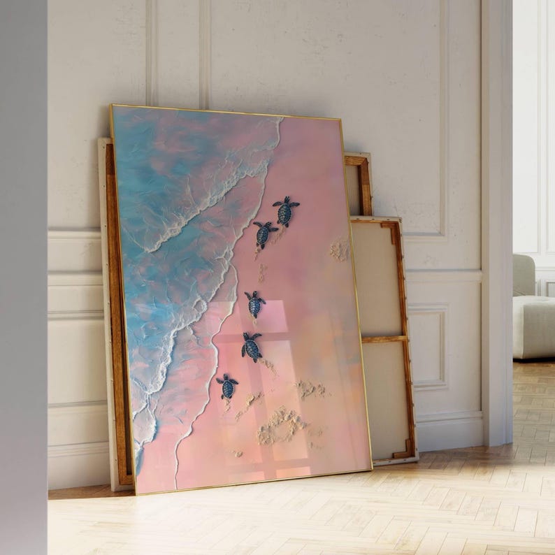 Whimsical Painting of Turtles on the Beach in Soft Pink Tones Coastal Art Decor Sea Turtles Swimming Poster Tropical Animal Art Print