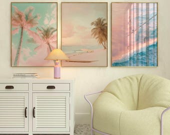 Set of 3 Pink Vintage Prints Palm tree print Surf poster pastel beach decor pink aesthetic sunset coastal trendy wall art gallery preppy