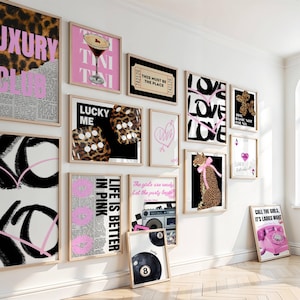 MEGA BUNDLE Pink Gallery Wall Art, 14 Art Prints, Retro Bundle Set Dopamine Wall Art Leopard poster Y2K Poster Set Trendy Art Cheetah print