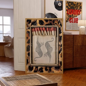 Retro Leopard Matchbox Printable Wall Art, Matchbox print decor, Kitchen print, Trendy Dorm Room and Bar Cart Decor, leopard wall art gift