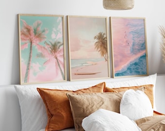 Set of 3 Pink Vintage Prints Palm tree print Surf poster pastel beach decor pink aesthetic sunset coastal trendy wall art gallery preppy