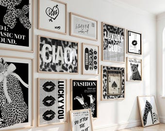 Può includere: Una collezione di stampe artistiche incorniciate in una varietà di dimensioni, con un tema di stampa leopardata in bianco e nero. Le stampe includono testo come "CIAO", "LUCKY YOU" e "FASHION", insieme a disegni grafici come labbra e un ghepardo.