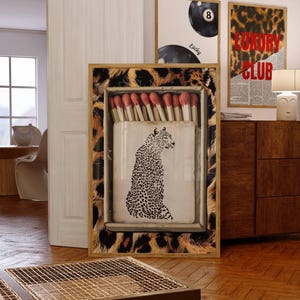 Retro Leopard Matchbox Printable Wall Art, Matchbox print decor, Kitchen print, Trendy Dorm Room and Bar Cart Decor, leopard wall art gift
