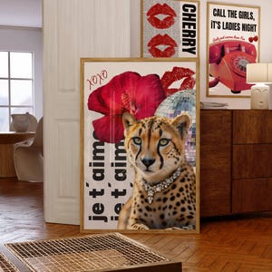 Leopard wall art collage art, Red fashion wall art, cheetah print, trendy wall art, bedroom wall decor, french poster, trendy cheetah print