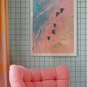 Whimsical Painting of Turtles on the Beach in Soft Pink Tones Coastal Art Decor Sea Turtles Swimming Poster Tropical Animal Art Print