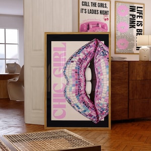 Kiss Lips Wall Art, Pink Kisses Print, Retro Lips Poster, Trendy Wall Art, Girly Print, Disco ball poster, Funky Apartment Aesthetic