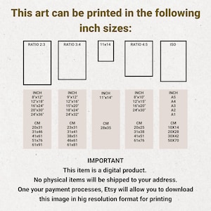K&ouml;nnte beinhalten: Eine Tabelle mit verschiedenen Druckgr&ouml;&szlig;en f&uuml;r digitale Kunst in Zoll und Zentimetern. Die Tabelle enth&auml;lt die Verh&auml;ltnisse 2:3, 3:4, 4:5 und ISO-Gr&ouml;&szlig;en. Der Text "This art can be printed in the following inch sizes" befindet sich oben in der Tabelle. Der Text "IMPORTANT" befindet sich unten in der Tabelle, gefolgt vom Text "This item is a digital product. No physical items will be shipped to your address. One your payment processes, Etsy will allow you to download this image in high resolution format for printing."