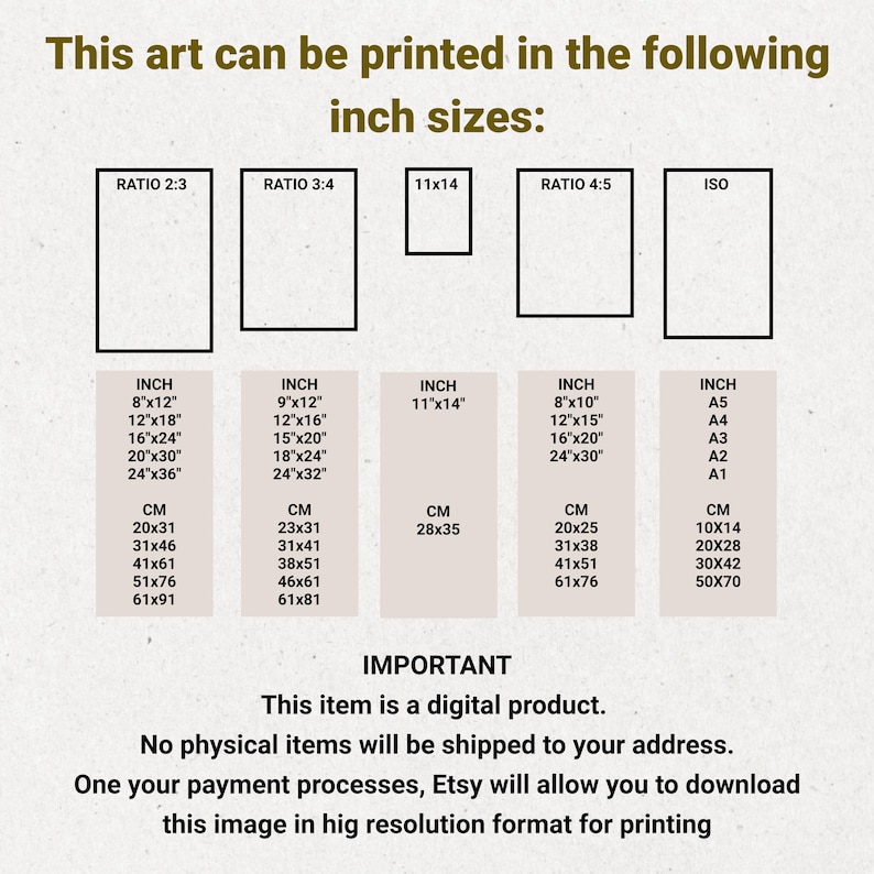 K&ouml;nnte beinhalten: Eine Tabelle mit verschiedenen Druckgr&ouml;&szlig;en f&uuml;r digitale Kunst in Zoll und Zentimetern. Die Tabelle enth&auml;lt die Verh&auml;ltnisse 2:3, 3:4, 4:5 und ISO-Gr&ouml;&szlig;en. Der Text "This art can be printed in the following inch sizes" befindet sich oben in der Tabelle. Der Text "IMPORTANT" befindet sich unten in der Tabelle, gefolgt vom Text "This item is a digital product. No physical items will be shipped to your address. One your payment processes, Etsy will allow you to download this image in high resolution format for printing."