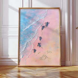 Whimsical Painting of Turtles on the Beach in Soft Pink Tones Coastal Art Decor Sea Turtles Swimming Poster Tropical Animal Art Print