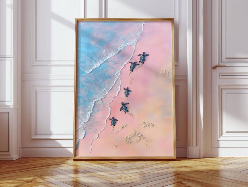 Whimsical Painting of Turtles on the Beach in Soft Pink Tones Coastal Art Decor Sea Turtles Swimming Poster Tropical Animal Art Print