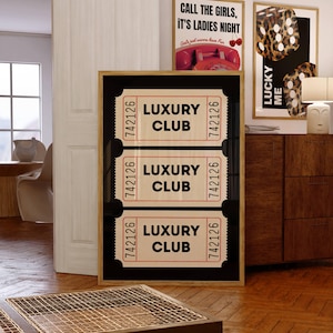 Luxury club ticket stub printable wall art, Retro wall art, digital download, Black poster, vintage ticket poster, living room prints