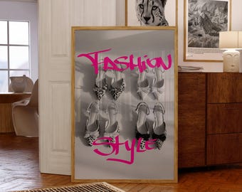 Trendy roze modeposter met hakken | Muurkunst met luipaardprint | Luxe meisjesachtig decor
