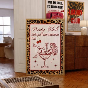 Retro Red Leopard printable wall art, Party Club Girls just wanna have fun, bachelorette party, Trendy Dorm Room and Bar Cart Decor Retro