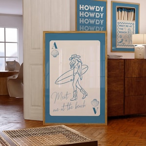 Affiche numérique bleue de cow-girl côtière, impression As de coeur, impression Rencontrez-moi à la plage, cadeau petite-fille millénaire, impression de surf Western Decor