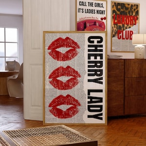 Red Fashion Wall Art Magazine Cover Decor Aesthetic Decor Red Funky Art Cherry lady poster Kiss lips wall art Luxury Wall Art Girly Prints