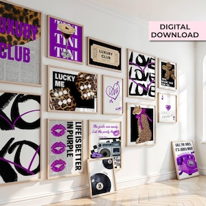 May include: A collection of framed art prints with a theme of luxury and nightlife. The prints feature leopard print, purple accents, and text such as "Luxury Club," "Lucky Me," and "Life is Better in Purple." The words "Digital Download" are also visible.