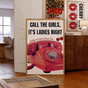 Retro Girly Print, Cherry Poster rote Wandkunst, 70er Jahre Dekor, trendige Wandkunst, Retro Vintage rote Farbe, Funky Red Aesthetic Print für Wohnung