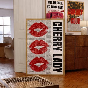 Trendy wall art Newspaper print, Girly prints, Cherry lady poster, Red wall art, Kiss lips wall art, Cherry poster, Vintage Retro Poster