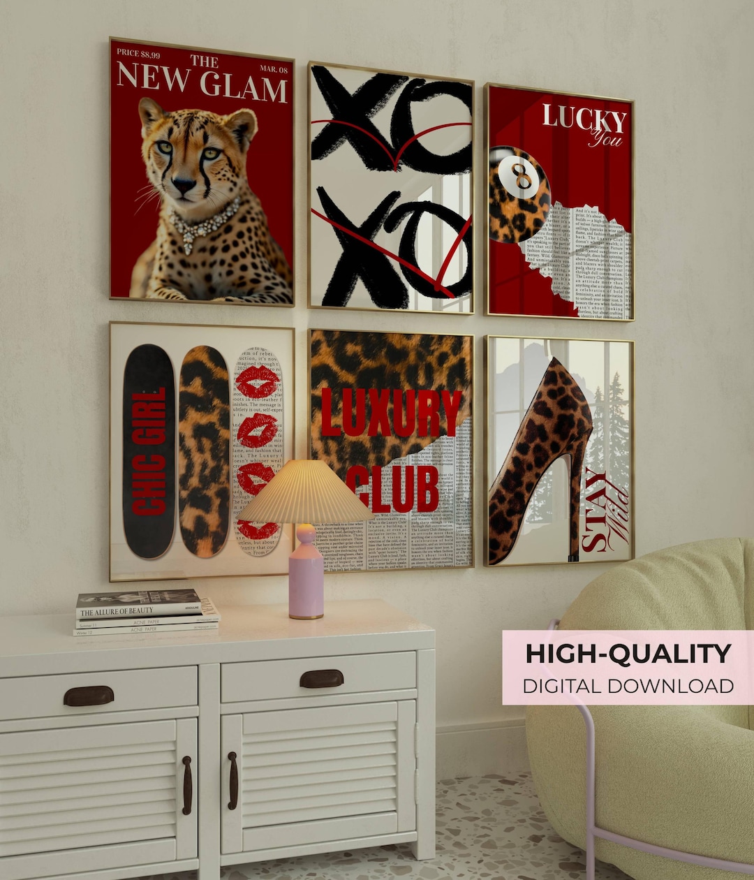 Leopard Wall Art Set, Red Magazine Wall Art 6 Prints Set, Leopard 8 ...