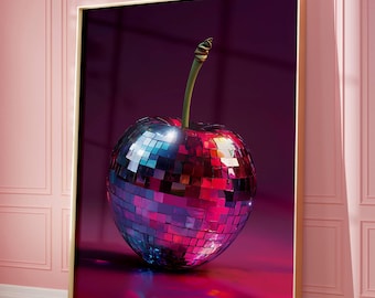 Póster rojo cereza oscuro estilo bola de discoteca. Impresión de bola de discoteca. Arte de pared retro para amantes del baile. Vibras cereza. Decoración de dormitorio/cocina. Regalo.