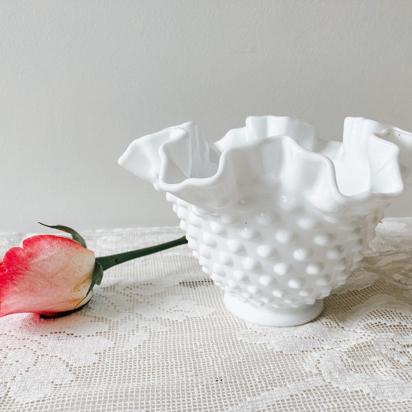 Vintage Fenton Hobnail Milk Glass Vase with Ruffled Edge