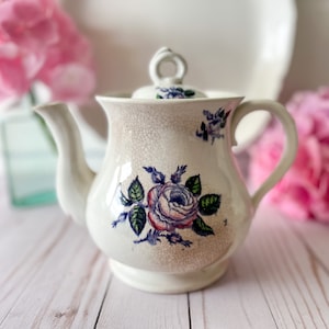 Antique Stained and Crazed Floral Ironstone Teapot