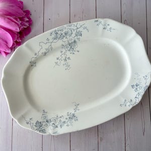 May include: An oval white ceramic serving platter featuring a delicate gray floral and vine pattern printed along the scalloped edges. The platter has a smooth, glossy finish and a wide, shallow basin, providing a clean surface for food presentation.