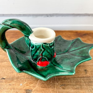 Vintage Ceramic Holly Berry Candlestick Holder
