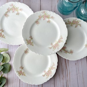 May include: Four white ceramic dinner plates with a delicate floral pattern in shades of pink and green. The plates have a scalloped edge and are arranged in a stack.