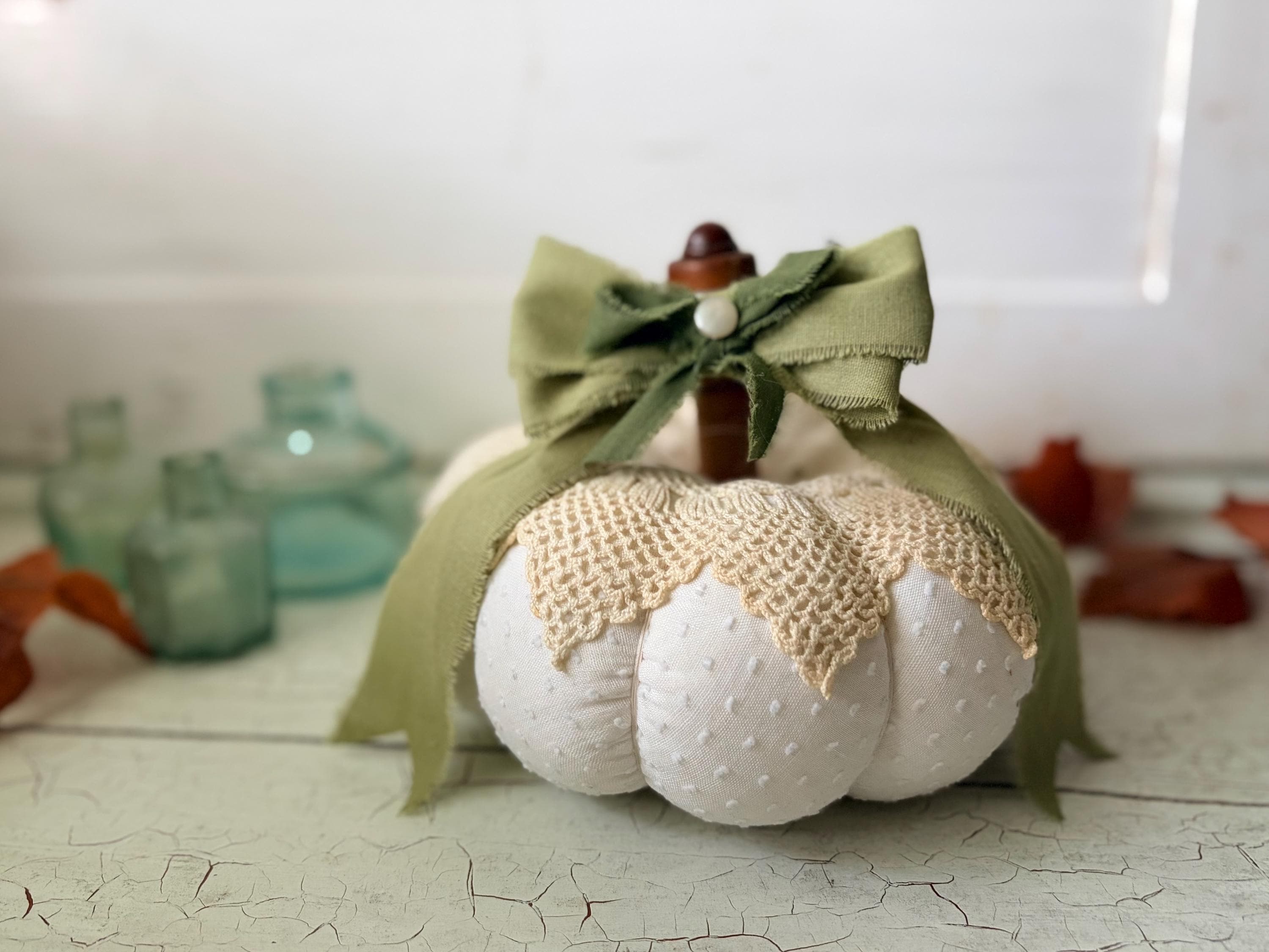 Handmade White Heirloom Pumpkin with Vintage Spool Stem