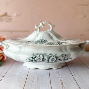 Antique Floral Green Transferware Covered Vegetanle Dish