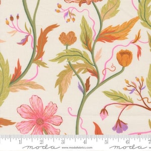 May include: Floral fabric with a cream background. The design features large pink and orange flowers, green and orange leaves, and pink and purple accents. The fabric has a repeating pattern of stylized botanical elements.