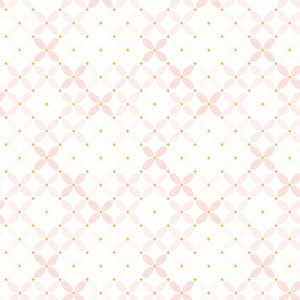 May include: A repeating pattern on a white background featuring light pink four-petal flower shapes arranged in a grid. Small gold-colored four-pointed stars are positioned in the center of each flower and in the spaces between the floral motifs.