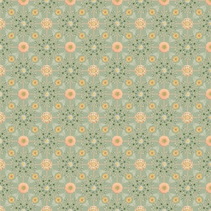 May include: A repeating pattern featuring a light green background with a grid design. The pattern includes peach-colored floral elements and smaller yellow and green floral and leaf accents, creating a symmetrical and decorative design.