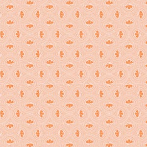 May include: A repeating pattern of orange floral designs on a peach background. The design features stylized orange flowers within dotted circles, creating a textured, symmetrical pattern. The overall aesthetic is soft and inviting.